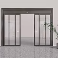 Modern Transparent Glass Double Doors With Metal Frame White Wall Grey Floor And Potted Plant
