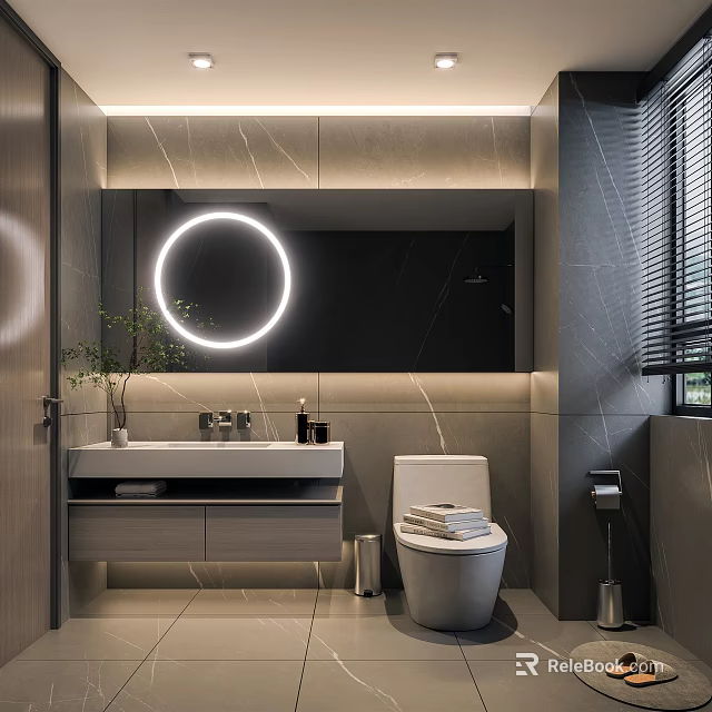 Hotel Bathroom Interior With Round Backlit Mirror Modern Vanity Marble Walls And Toilet 3d model 