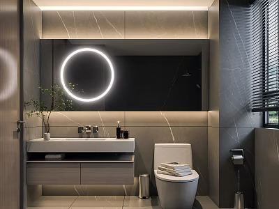 Hotel Bathroom Interior With Round Backlit Mirror Modern Vanity Marble Walls And Toilet 3d model