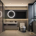 Hotel Bathroom Interior With Round Backlit Mirror Modern Vanity Marble Walls And Toilet