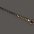 Ornate Curved Blade Weapon With Golden Decoration Red Gem And Black Textured Pole