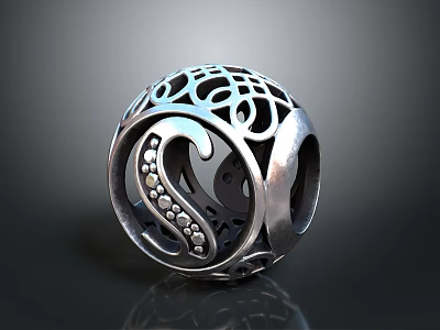 Furniture Decorative Shiny Silver Metal Sphere With Intricate Cutout Patterns 3d model