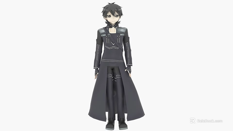 Game Anime Character In Black Long Coat With Decorative Outfit Design 3d model 