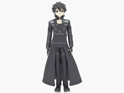 Game Anime Character In Black Long Coat With Decorative Outfit Design 3d model