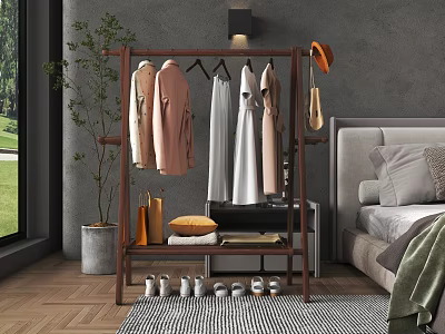 Wooden Coat Rack Organizes Clothes And Shoes In Modern Bedroom 3d model