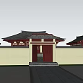 Ancient Traditional Architecture Courtyard With Red Pillars Stone Pavement And Green Plants