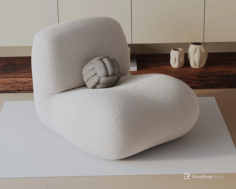 Light Beige Textured Leisure Chair With Round Knitted Cushion On Wooden Floor And Sculpture Decor 3d model 