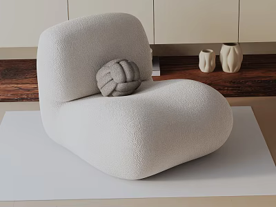 Light Beige Textured Leisure Chair With Round Knitted Cushion On Wooden Floor And Sculpture Decor 3d model