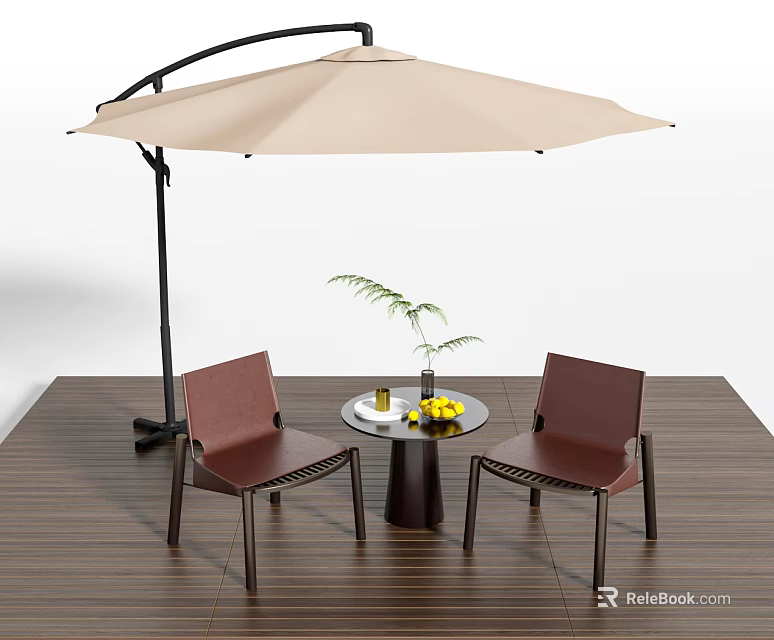 Brown Outdoor Chairs With Round Table Beige Umbrella And Yellow Flowers On Wooden Floor 3d model 