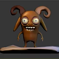 Game Movie Character With Orange Body Red Curved Horns Big Eyes Standing On White Mat