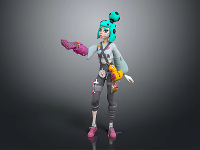 Vibrant Character With Teal Hair Pink Gloves And Tiny Creature Companion In Casual Outfit 3d model