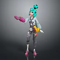 Vibrant Character With Teal Hair Pink Gloves And Tiny Creature Companion In Casual Outfit