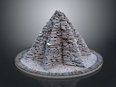 Stone Pyramid Architectural Structure with Stacked Stones on Circular Base Surrounded by Gravel 3d model