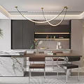Elegant Modern Restaurant Interior Design With Marble Dining Table Hanging Lights Green Plants Open Concept 3d model