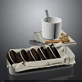 Chocolate Sandwich Cookies Served With Hot Chocolate In White Cup On Tray With Napkin
