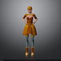 Woman With Orange Hair Wearing Orange Dress Green Gem Necklace Blue Tights And Orange Boots
