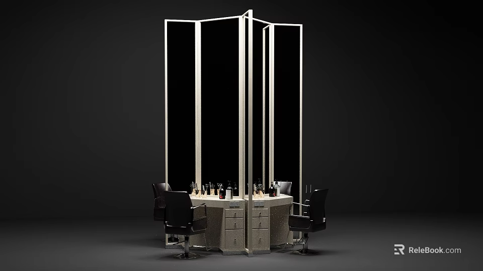 Contemporary Workstation With Central Cabinet Screens Black Chairs Bottles On Countertop 3d model 