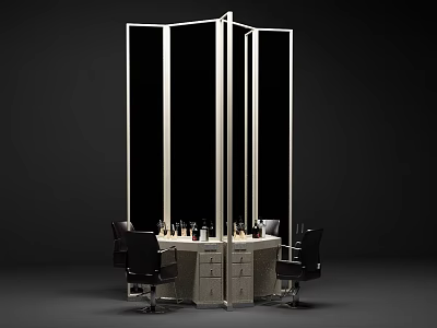 Contemporary Workstation With Central Cabinet Screens Black Chairs Bottles On Countertop 3d model