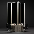 Contemporary Workstation With Central Cabinet Screens Black Chairs Bottles On Countertop
