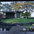 Serene Garden Landscape with Lush Green Grass Colorful Trees Small Pond and Stone Pathway