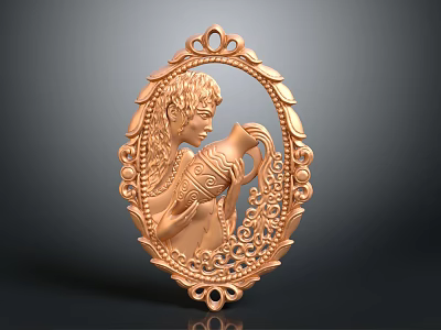 Ornate Jewelry Pendant with Oval Frame Featuring Carved Female Figure Holding Jug and Intricate Patterns 3d model