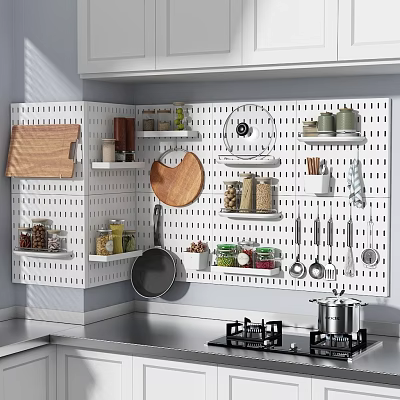 Kitchen Utensils On White Pegboard With Cutting Board Spatulas Spoons Frying Pan And Spice Jars 3d model