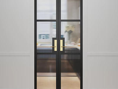 Modern Swing Door With Glass Panels And Black Metal Frame Gold Handles 3d model