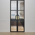 Modern Swing Door With Glass Panels And Black Metal Frame Gold Handles