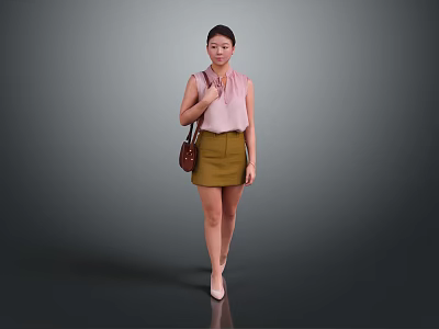 A Woman Wearing Pink Sleeveless Top Brown Skirt Carrying Brown Handbag And High Heels Gray Background 3d model