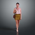 A Woman Wearing Pink Sleeveless Top Brown Skirt Carrying Brown Handbag And High Heels Gray Background