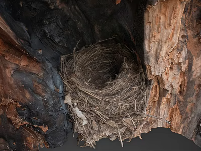 Bird Nest Inside Tree Hollow With Charred Trunk And Peeling Bark 3d model