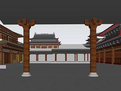 Ancient Chinese Architecture Courtyard With Wooden Pillars And Traditional Roofs 3d model