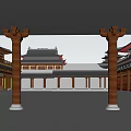 Ancient Chinese Architecture Courtyard With Wooden Pillars And Traditional Roofs