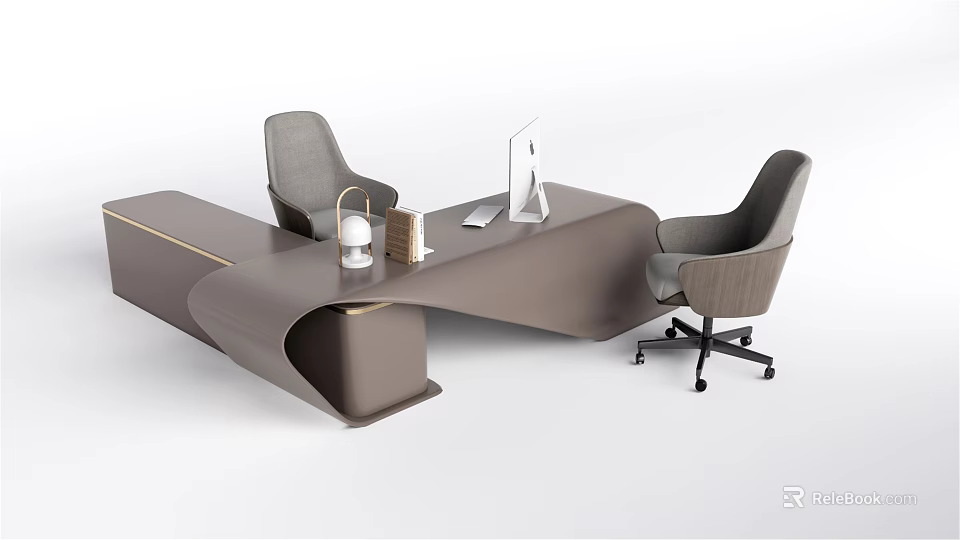 Modern Office Desk With Unique Curved Shape Two Gray Chairs Computer Monitor And Desk Lamp 3d model 