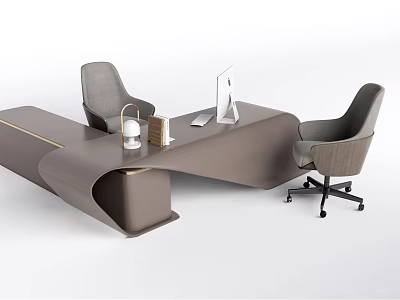 Modern Office Desk With Unique Curved Shape Two Gray Chairs Computer Monitor And Desk Lamp 3d model