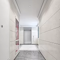 Modern Elevator Hallway With Light Stone Walls Dark Doors Ceiling Lighting And Marble Floor 3d model