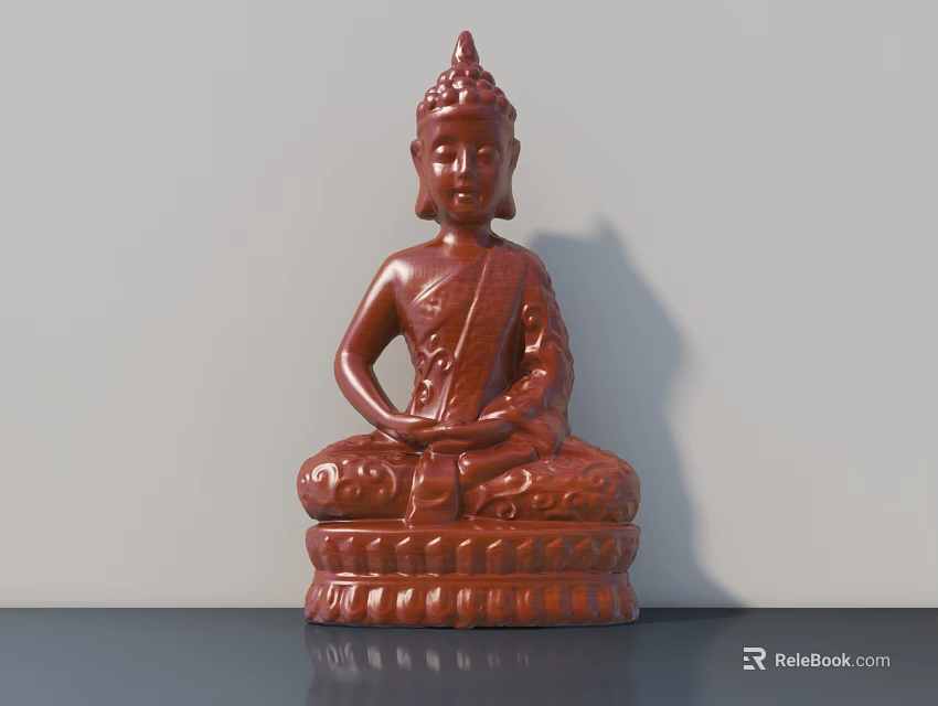 Brown Carved Buddha Sculpture in Sitting Posture with Intricate Base on Dark Surface 3d model 