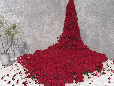 Red Rose Petals Waterfall Decoration With Gray Wall White Pot And Palm Plant 3d model