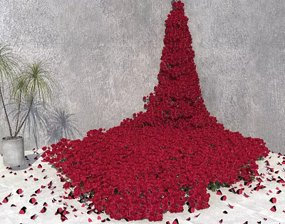 Red Rose Petals Waterfall Decoration With Gray Wall White Pot And Palm Plant 3d model