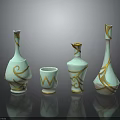 Turquoise Ceramic Vases And Cup With Golden Decorative Patterns For Home Decor