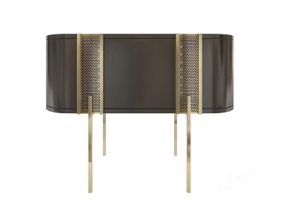 Modern Entryway Console Cabinet With Dark Finish Brass Mesh Accents And Slim Brass Legs 3d model