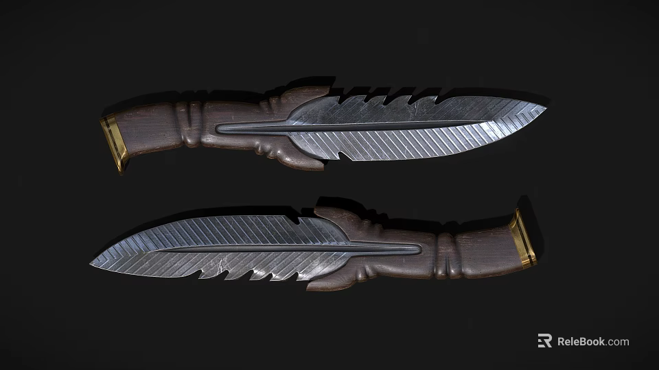 Artisan Handcrafted Knife With Feather Textured Blade And Wooden Handle Gold Accents 3d model 