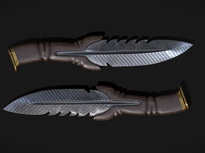 Artisan Handcrafted Knife With Feather Textured Blade And Wooden Handle Gold Accents 3d model