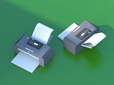 Two Gray Household Printers With Paper Coming Out On Green Background 3d model