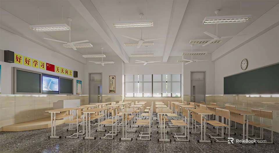 School Classroom Interior Featuring Desks Chairs Blackboard Ceiling Fans And National Flag 3d model 