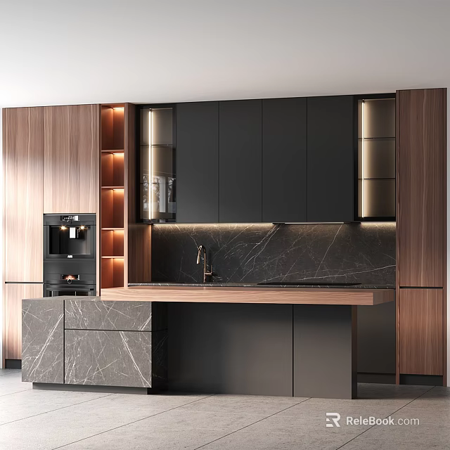 Modern Kitchen Interior Design With Black Cabinets Marble Backsplash And Wooden Island Counter 3d model 