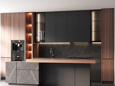 Modern Kitchen Interior Design With Black Cabinets Marble Backsplash And Wooden Island Counter 3d model
