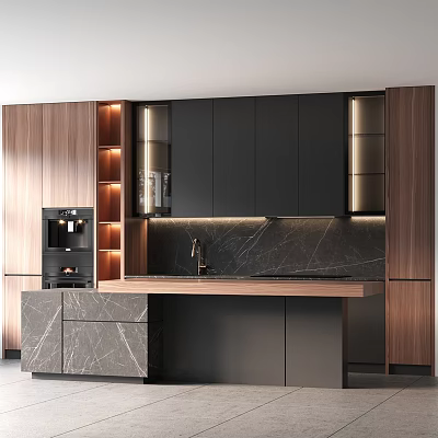 Modern Kitchen Interior Design With Black Cabinets Marble Backsplash And Wooden Island Counter 3d model