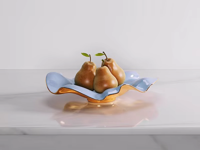 Blue Wavy Tableware Set with Bowl Holding Pears and Leaves on White Marble Countertop 3d model