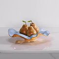 Blue Wavy Tableware Set with Bowl Holding Pears and Leaves on White Marble Countertop